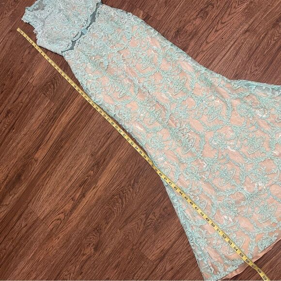 Gigi Sleeveless Mock 2 Piece All Over Lace Dress Sheer Midriff Aqua Mint Blue 00 - Picture 11 of 16